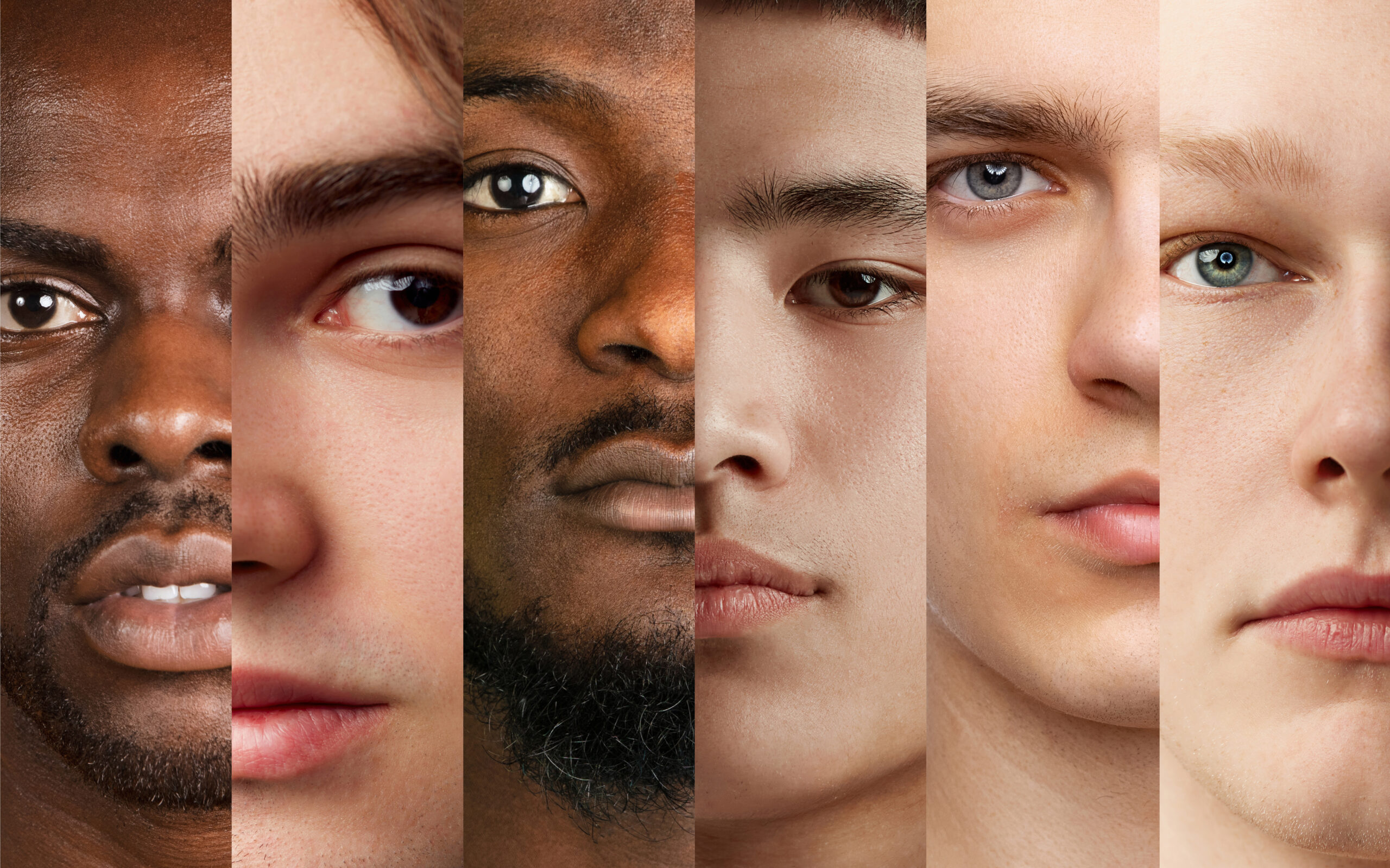 collage made of cropped close up portraits of different young men with varying skin tones and features, looking at camera. equality